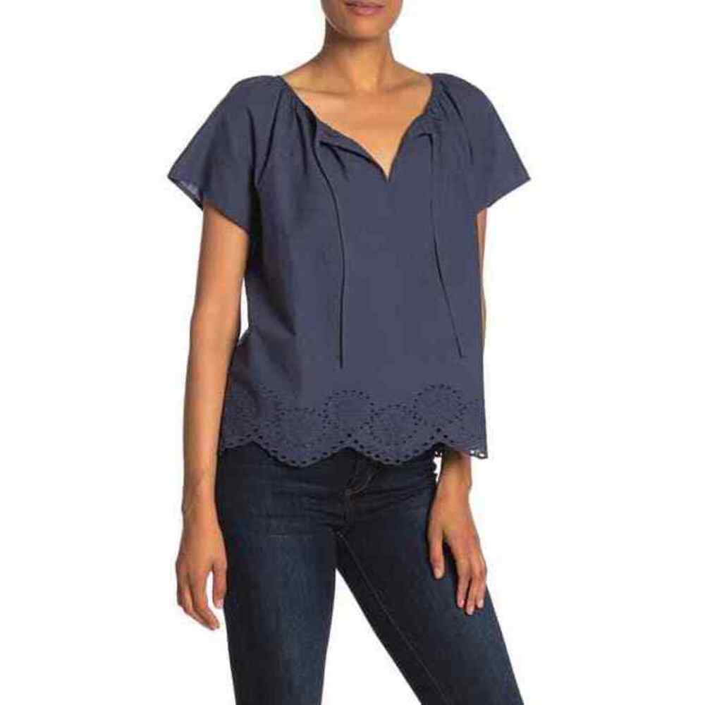 Susina Short Sleeve Eyelet Top In Navy Indigo Size XS